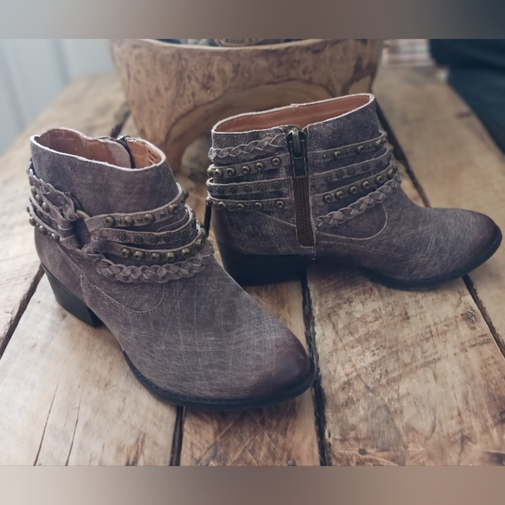 Annie Burnished Leather Distressed Harness Ankle Boot MSRP $90